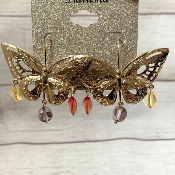 Natasha Gold Metal Butterfly Cutout Earrings 3 Dangling Beads Fishhook Back - Picture 1 of 16